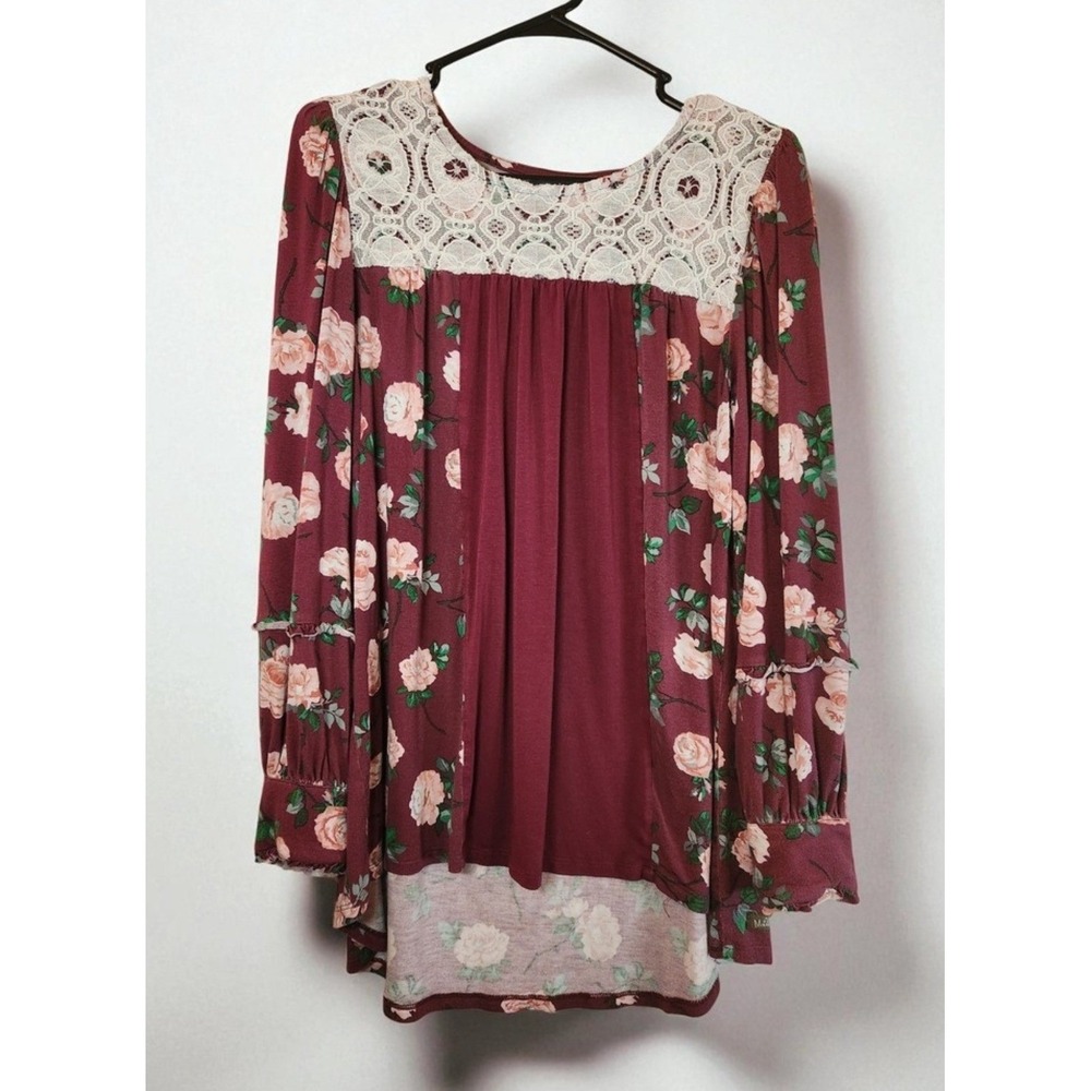 Matilda Jane Burgundy Floral Lace Yoke Long Sleeve Tunic Top XS